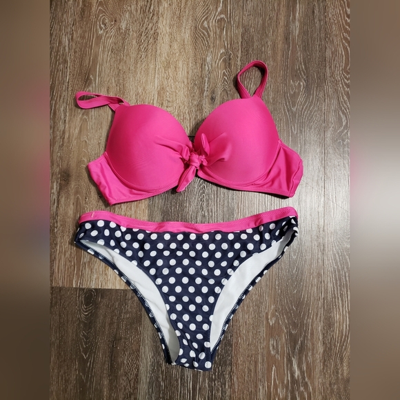 Front Bowknot Underwire Top Polka Dot Bottom Bikini Set XL new no tag - Picture 7 of 8